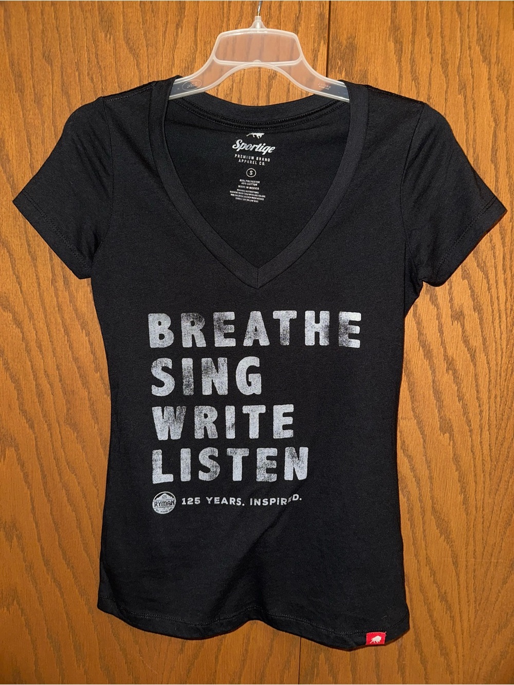 NWOT Sportiqe Black V-Neck Graphic Tee - "Breathe Sing Write Listen"